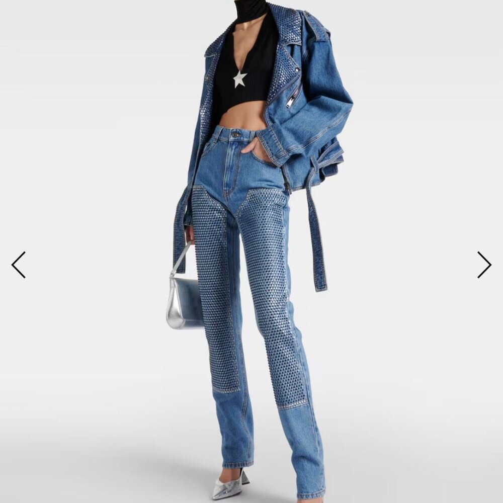 AREA Crystal Embellished High Rise Straight Jeans